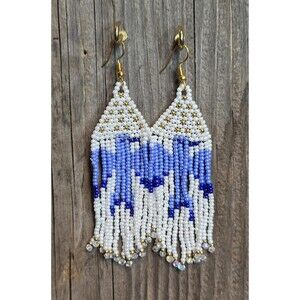 Handmade Beaded Earrings Drop / Dangle Abou 4 in Dangle Blue Bird White backdrop